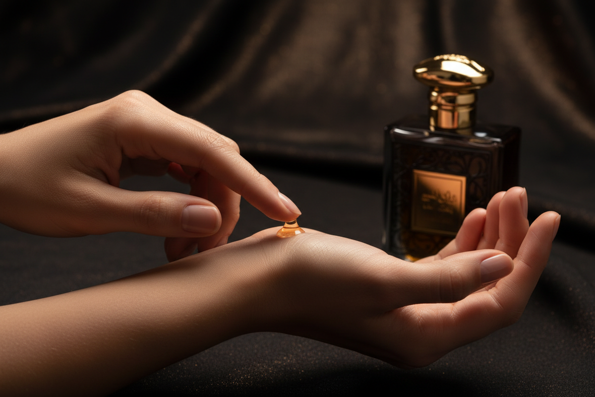 Application d'un parfum oriental sur la peau