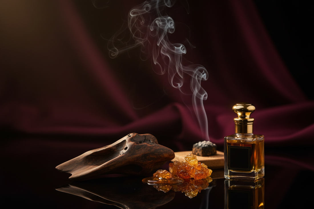 Bois d'oud et fumée d'encens sur fond sombre